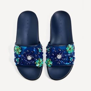 New Genuine - ZARA Blue Floral Slides beaded embellishment. Size 6.5, 37 UK.